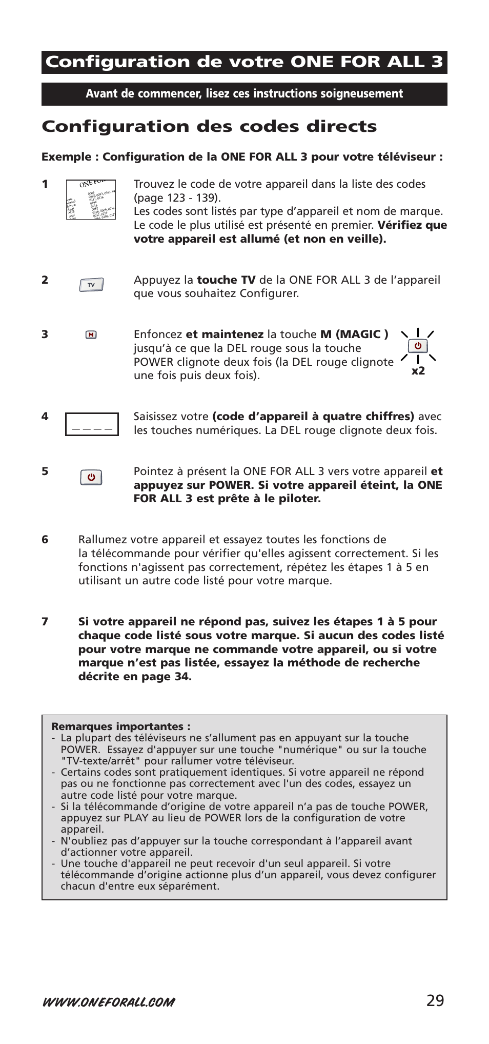 Configuration des codes directs, Configuration de votre one for all 3 | One for All URC-9040 User Manual | Page 29 / 144