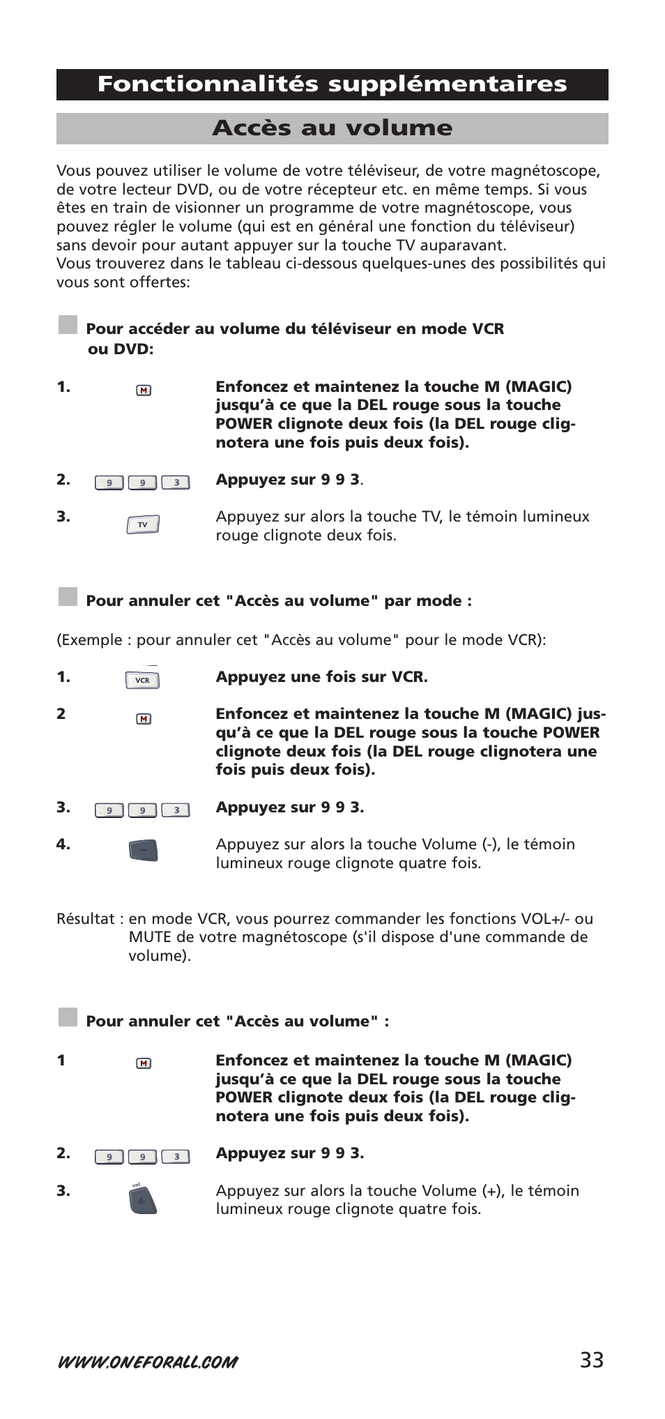 Accès au volume, Fonctionnalités supplémentaires | One for All URC-9040 User Manual | Page 33 / 144