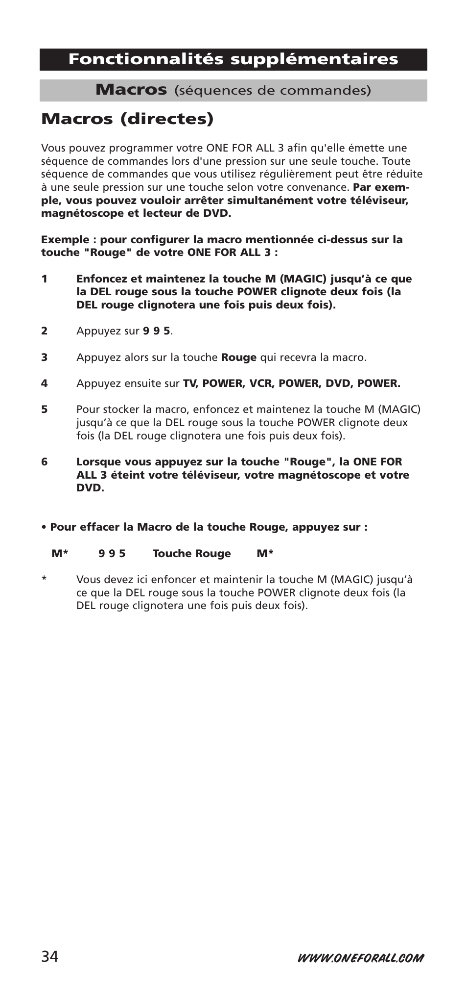 Macros, Fonctionnalités supplémentaires macros (directes) | One for All URC-9040 User Manual | Page 34 / 144