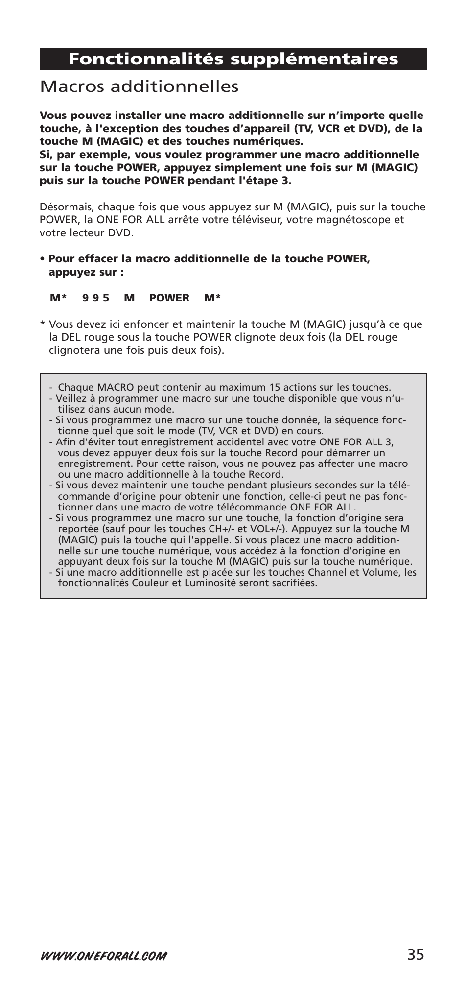 Macros additionnelles, Fonctionnalités supplémentaires | One for All URC-9040 User Manual | Page 35 / 144