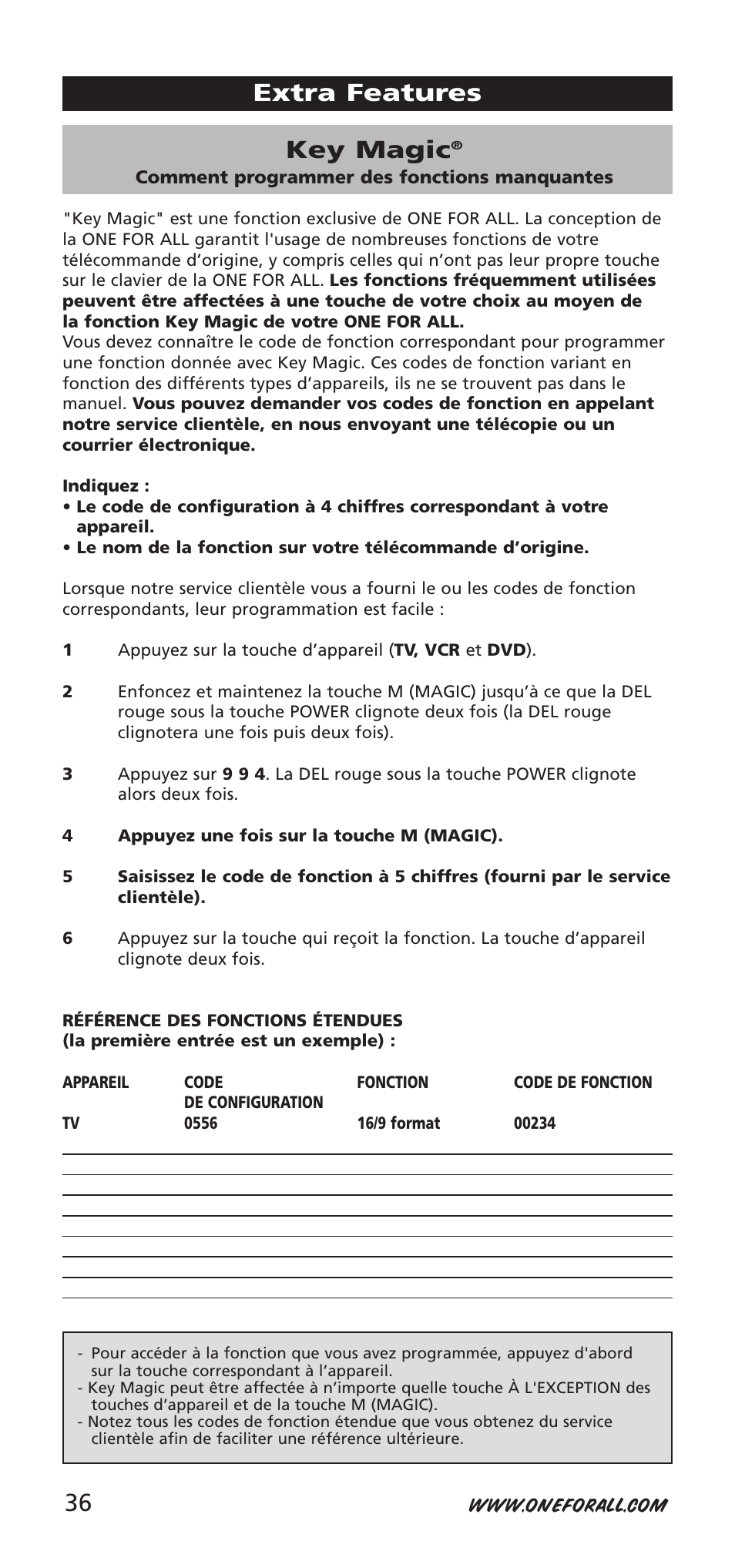 Key magic, Extra features 36 | One for All URC-9040 User Manual | Page 36 / 144