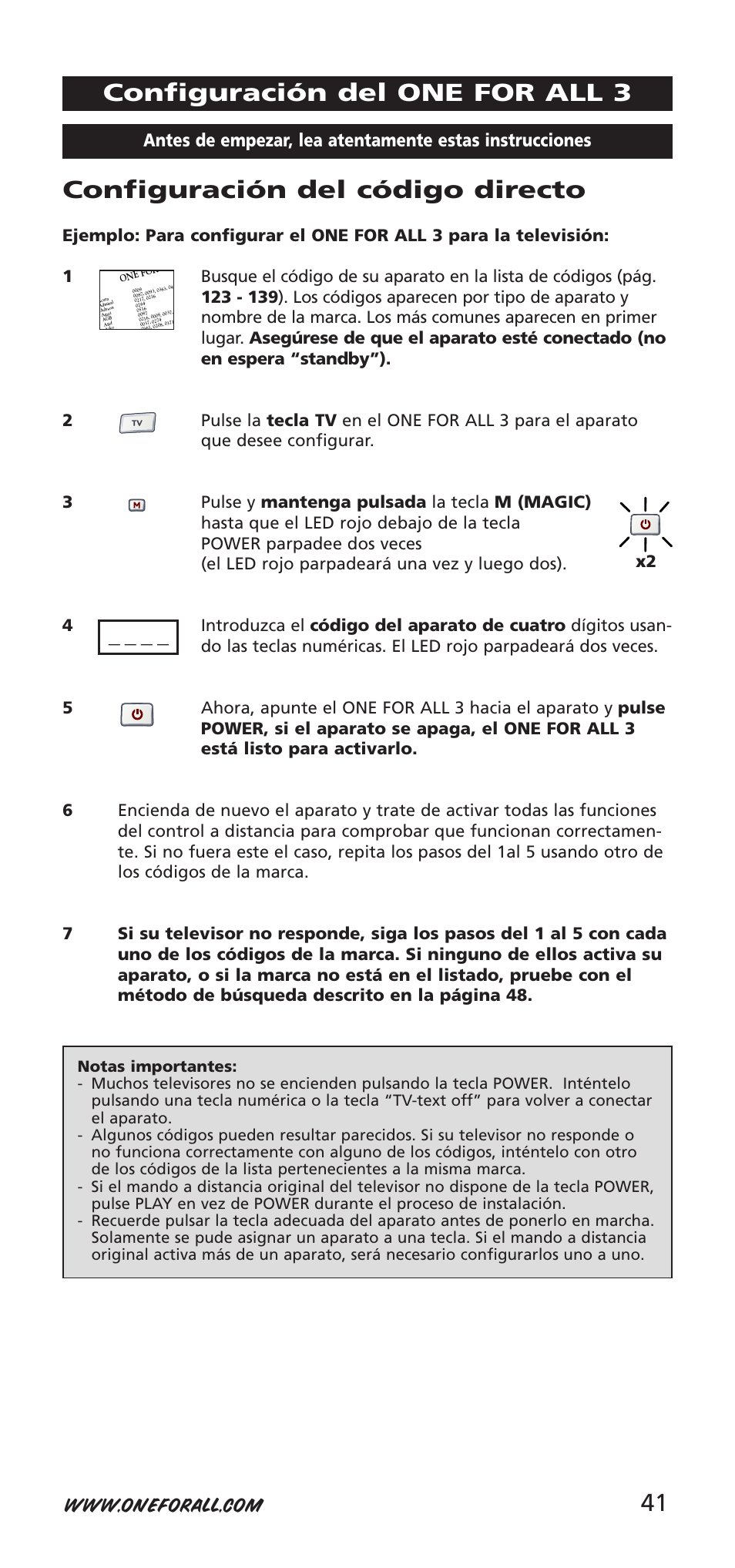 Configuración del código directo, Configuración del one for all 3 | One for All URC-9040 User Manual | Page 41 / 144