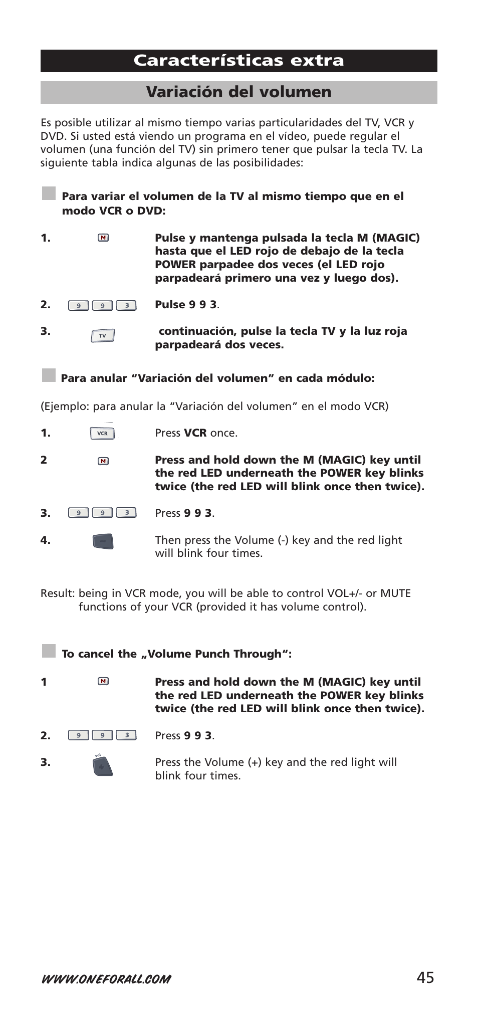 Variación del volumen, Características extra | One for All URC-9040 User Manual | Page 45 / 144