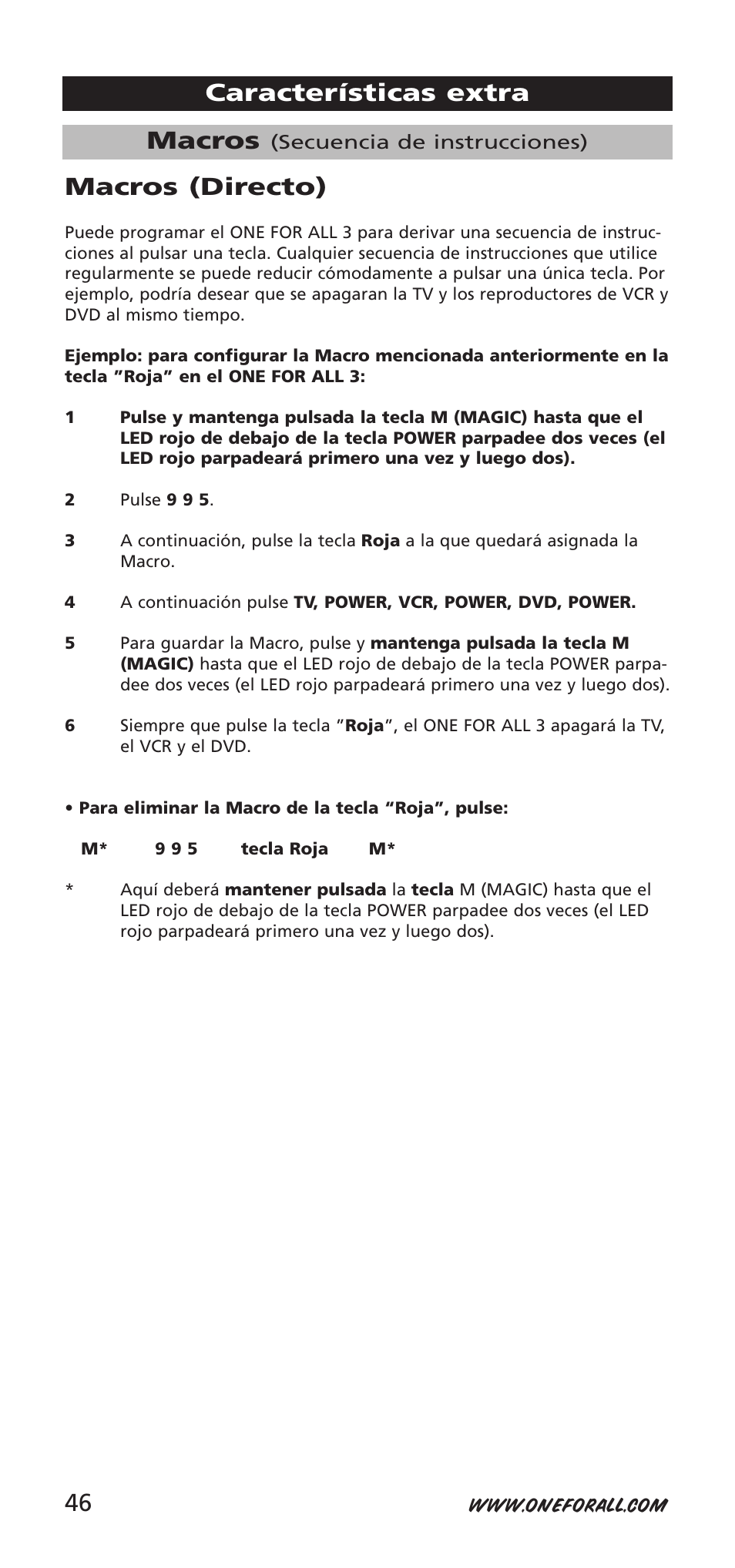 Macros, Características extra macros (directo) | One for All URC-9040 User Manual | Page 46 / 144