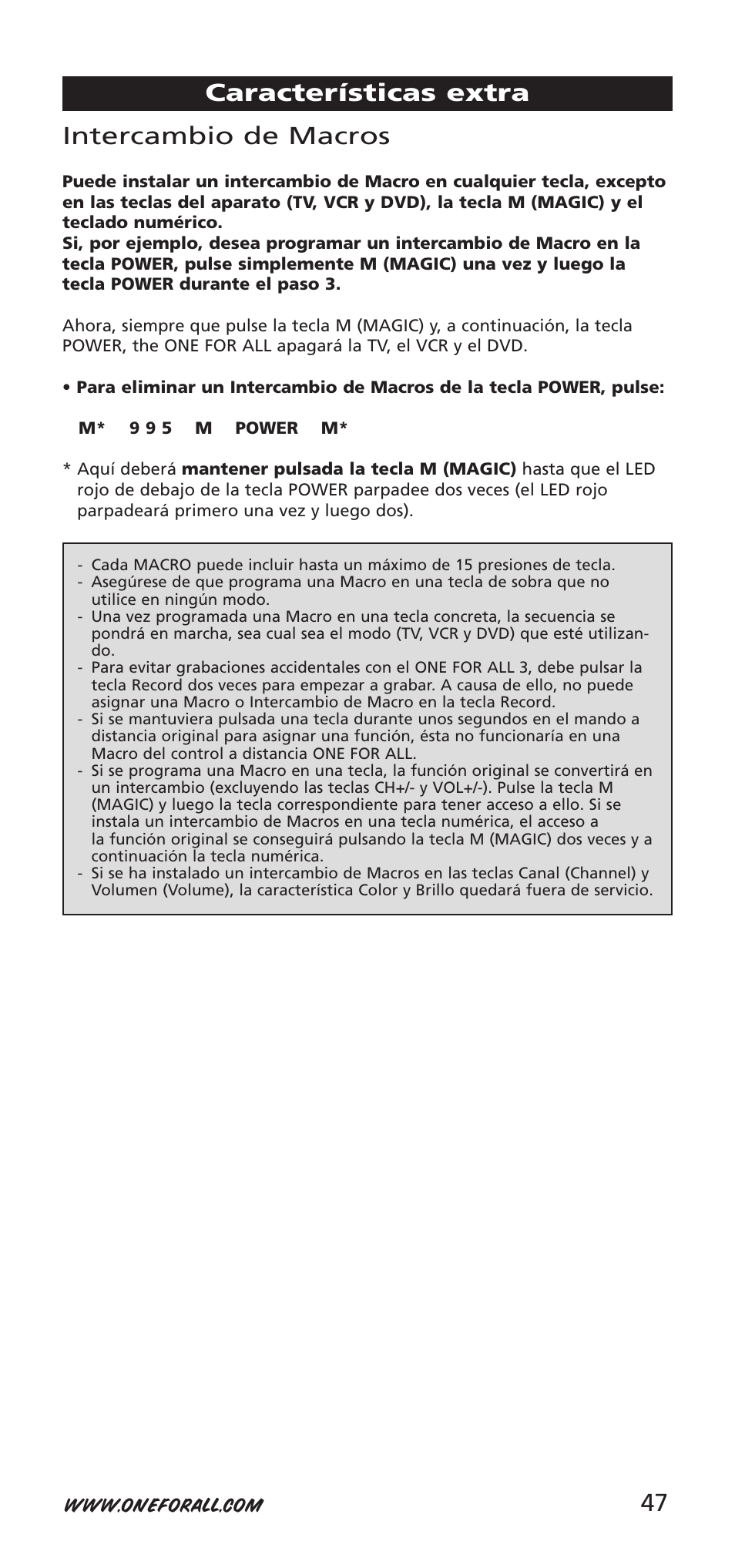 Intercambio de macros, Características extra | One for All URC-9040 User Manual | Page 47 / 144