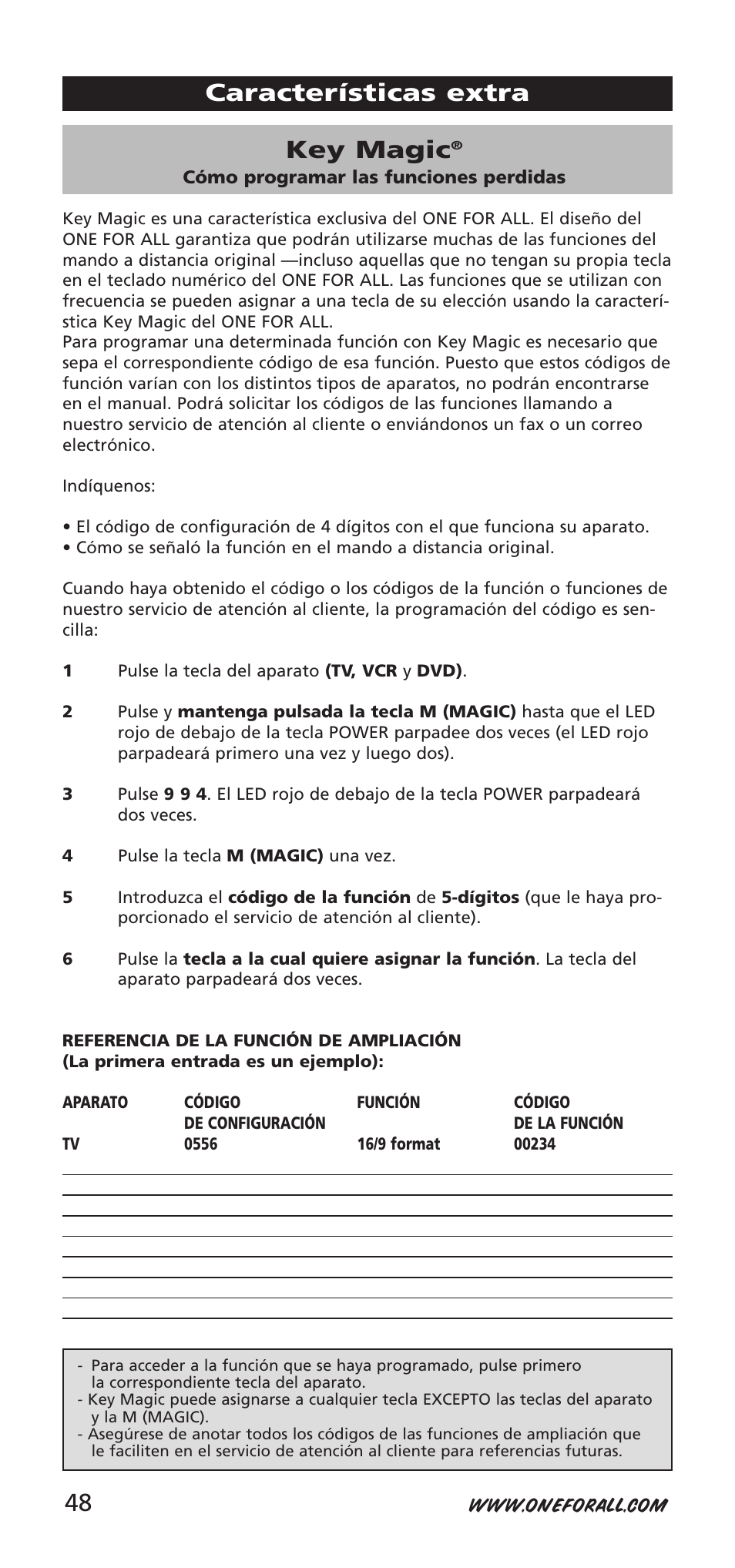 Key magic, Características extra 48 | One for All URC-9040 User Manual | Page 48 / 144