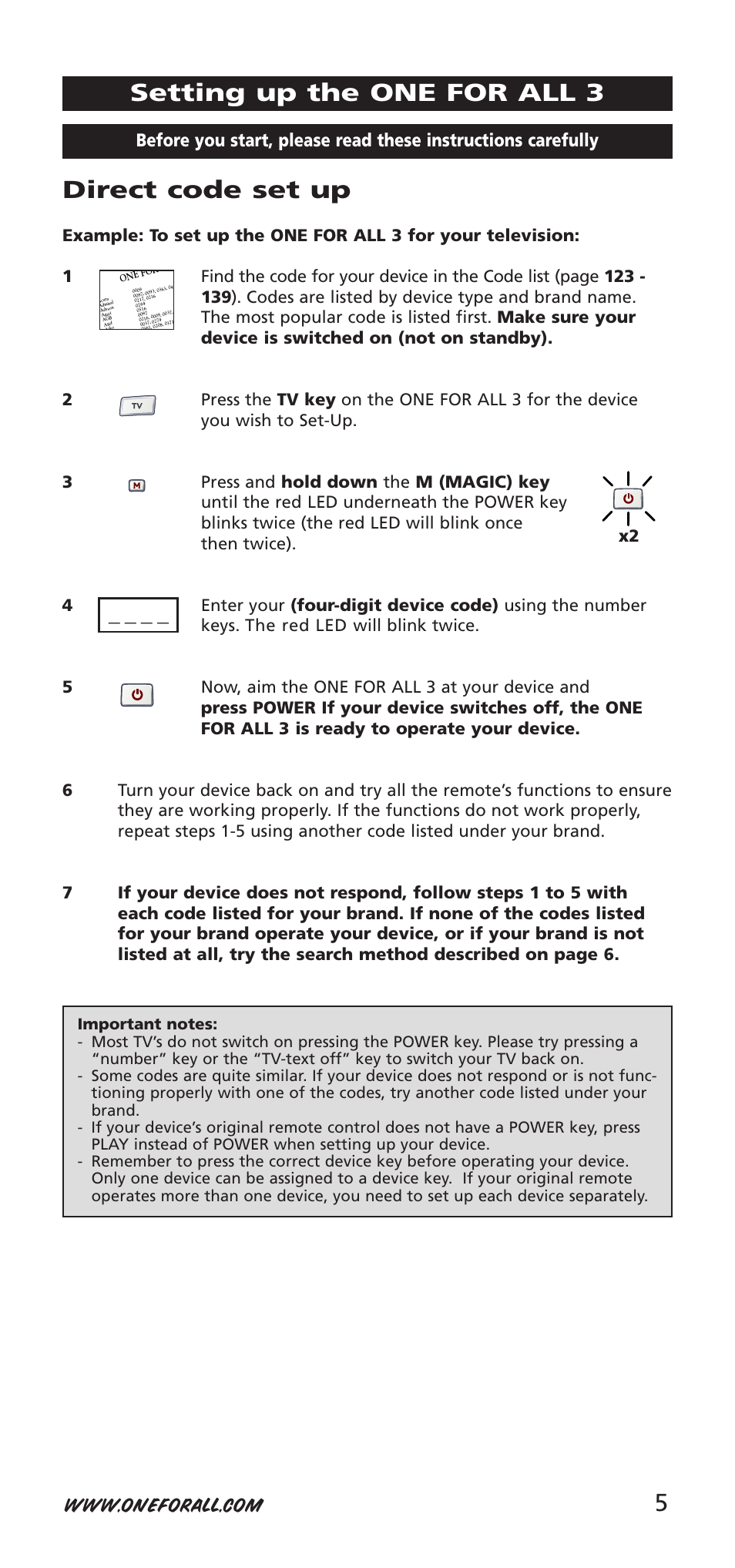 Direct code set up, Setting up the one for all 3 | One for All URC-9040 User Manual | Page 5 / 144