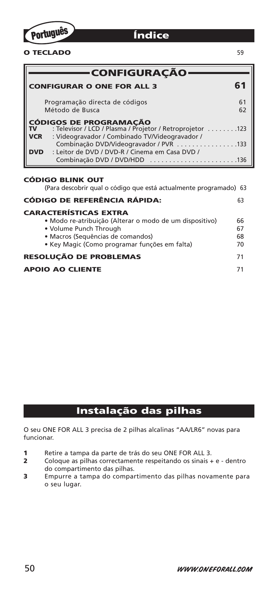 Portugu ês, Configuração, Índice | Instalação das pilhas | One for All URC-9040 User Manual | Page 50 / 144