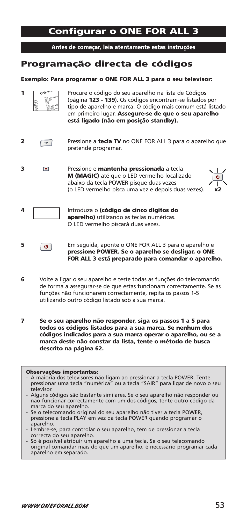 Programação directa de códigos, Configurar o one for all 3 | One for All URC-9040 User Manual | Page 53 / 144