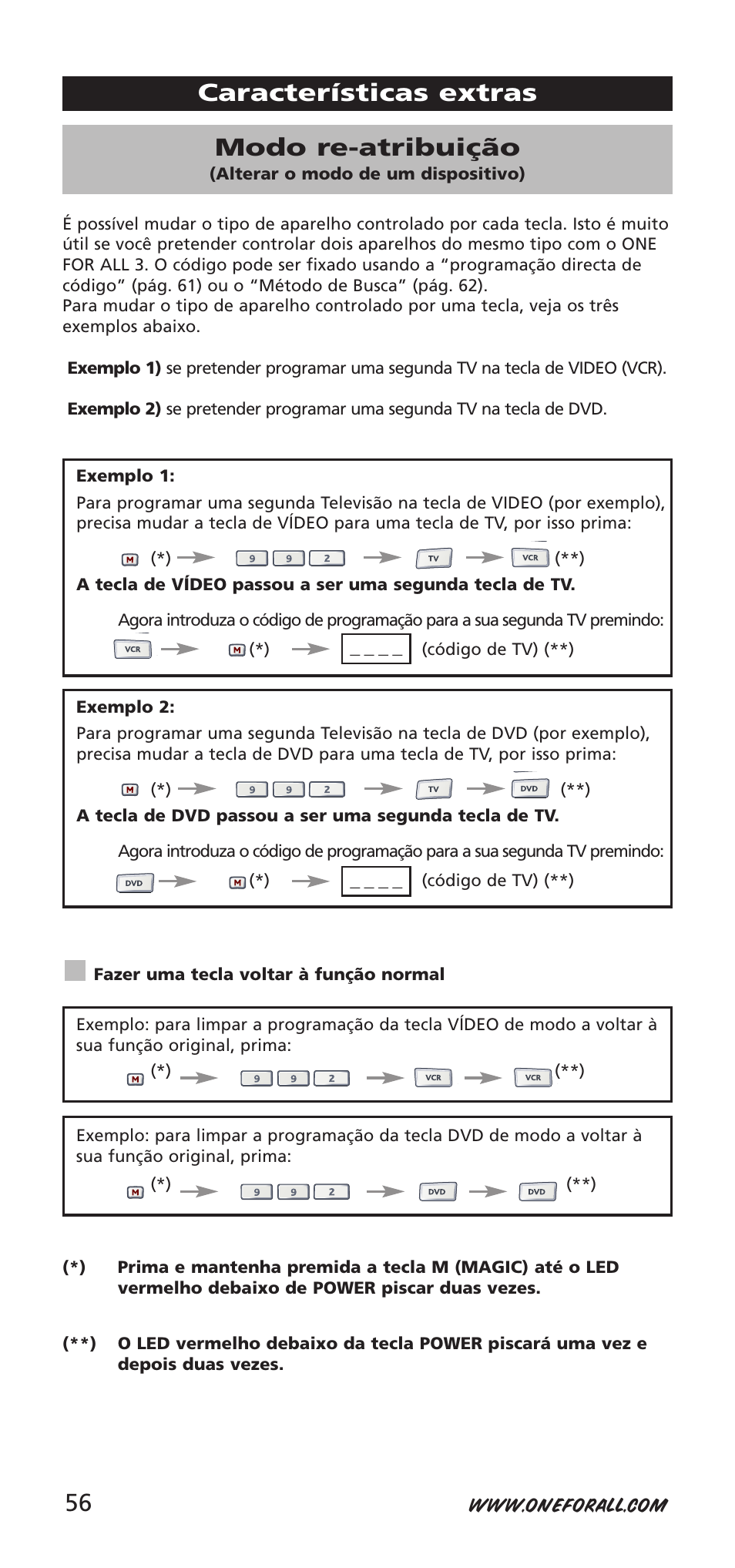 Características extras modo re-atribuição | One for All URC-9040 User Manual | Page 56 / 144