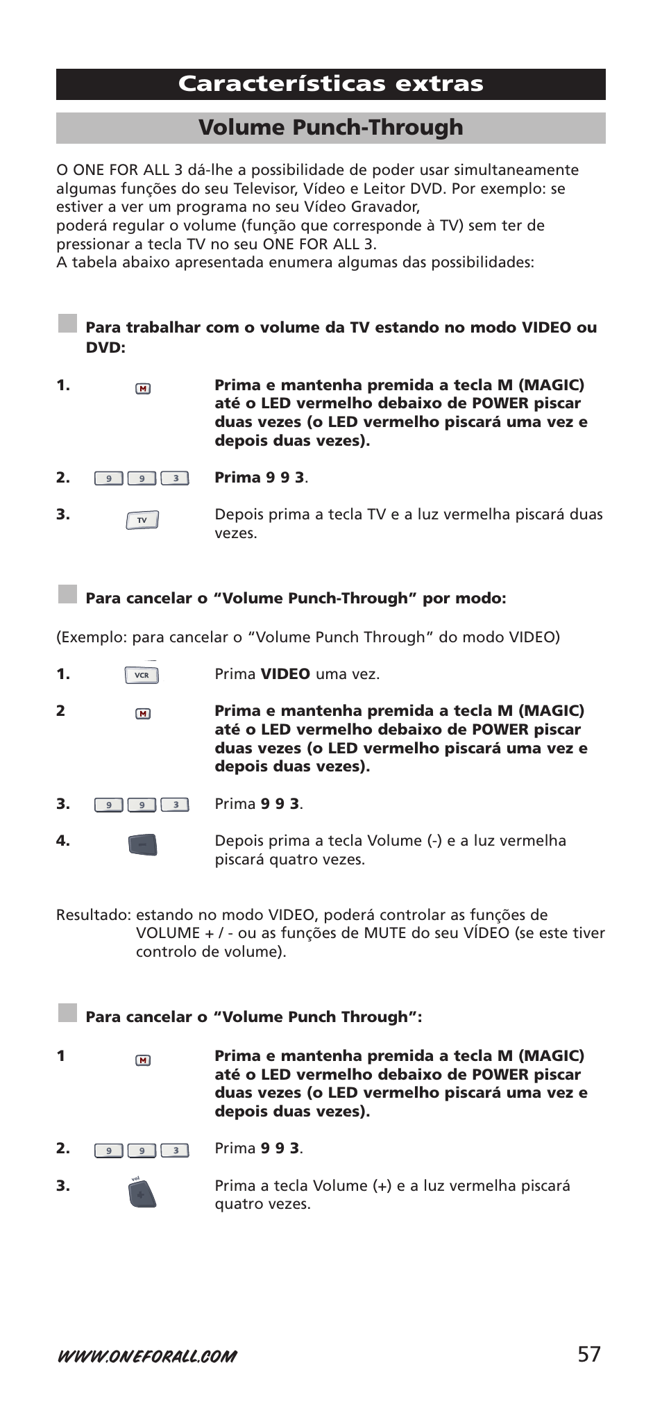 Volume punch-through, Características extras | One for All URC-9040 User Manual | Page 57 / 144