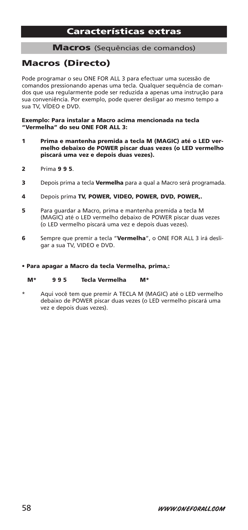 Macros, Características extras macros (directo) | One for All URC-9040 User Manual | Page 58 / 144