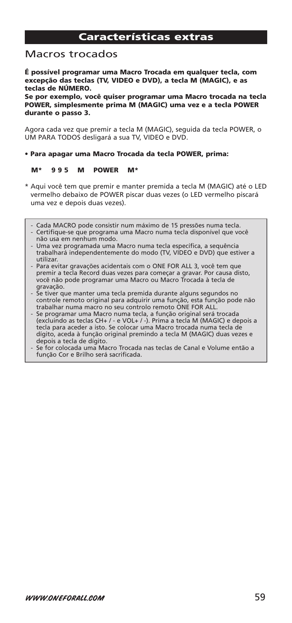 Macros trocados, Características extras | One for All URC-9040 User Manual | Page 59 / 144