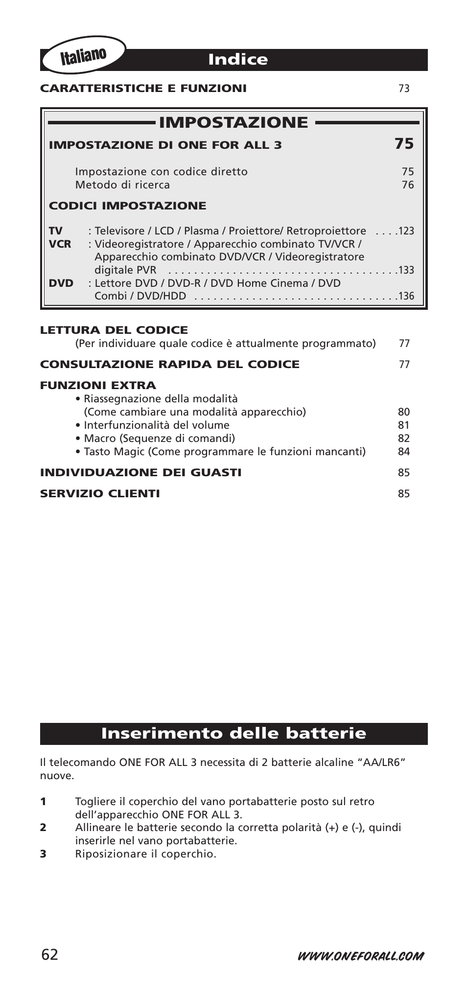 Italiano, Impostazione, Indice | Inserimento delle batterie | One for All URC-9040 User Manual | Page 62 / 144