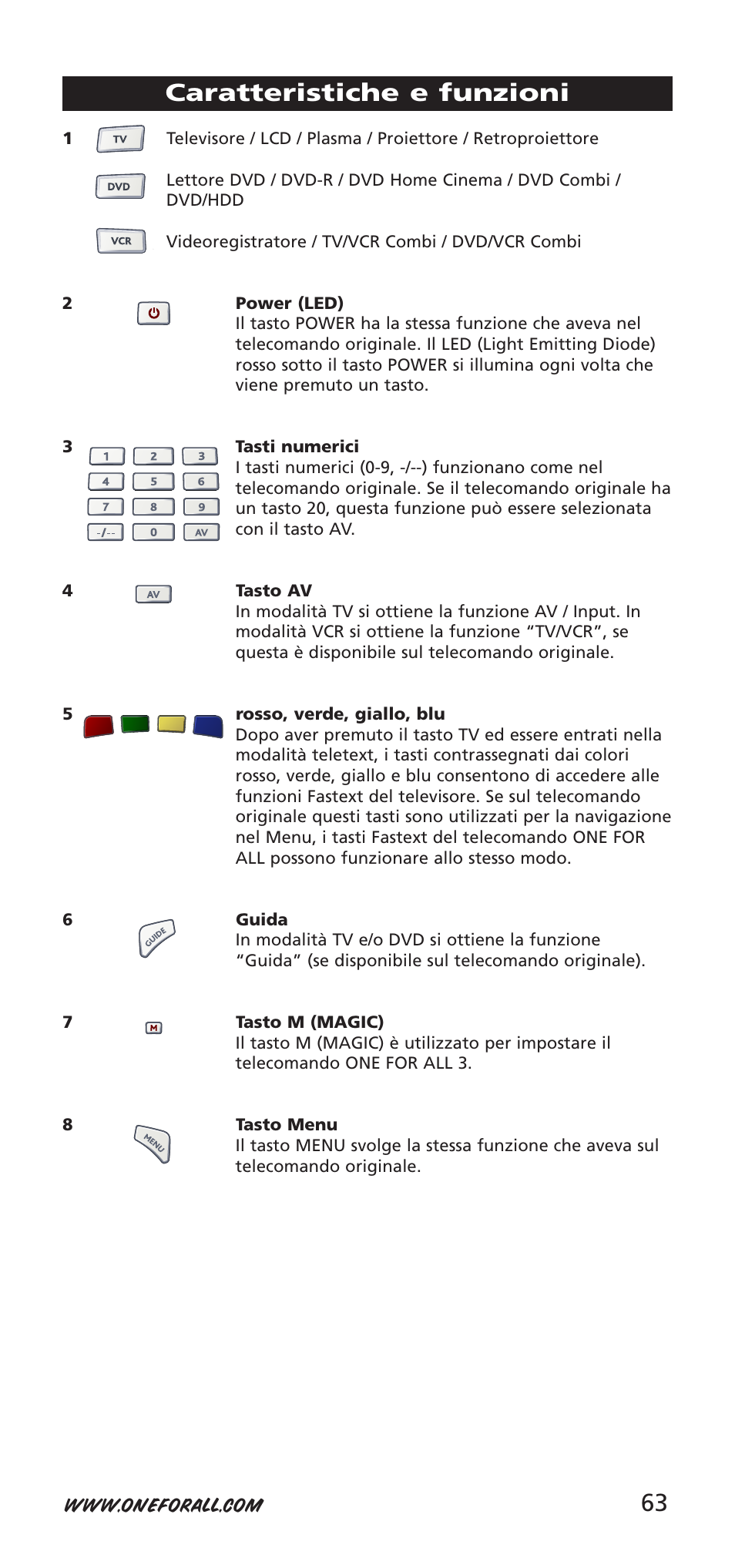 63 caratteristiche e funzioni | One for All URC-9040 User Manual | Page 63 / 144