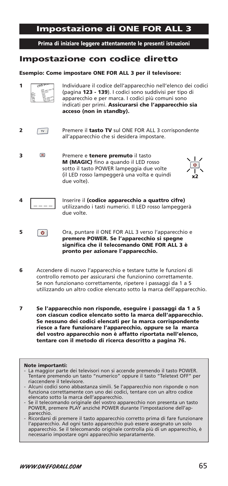 Impostazione con codice diretto, Impostazione di one for all 3 | One for All URC-9040 User Manual | Page 65 / 144