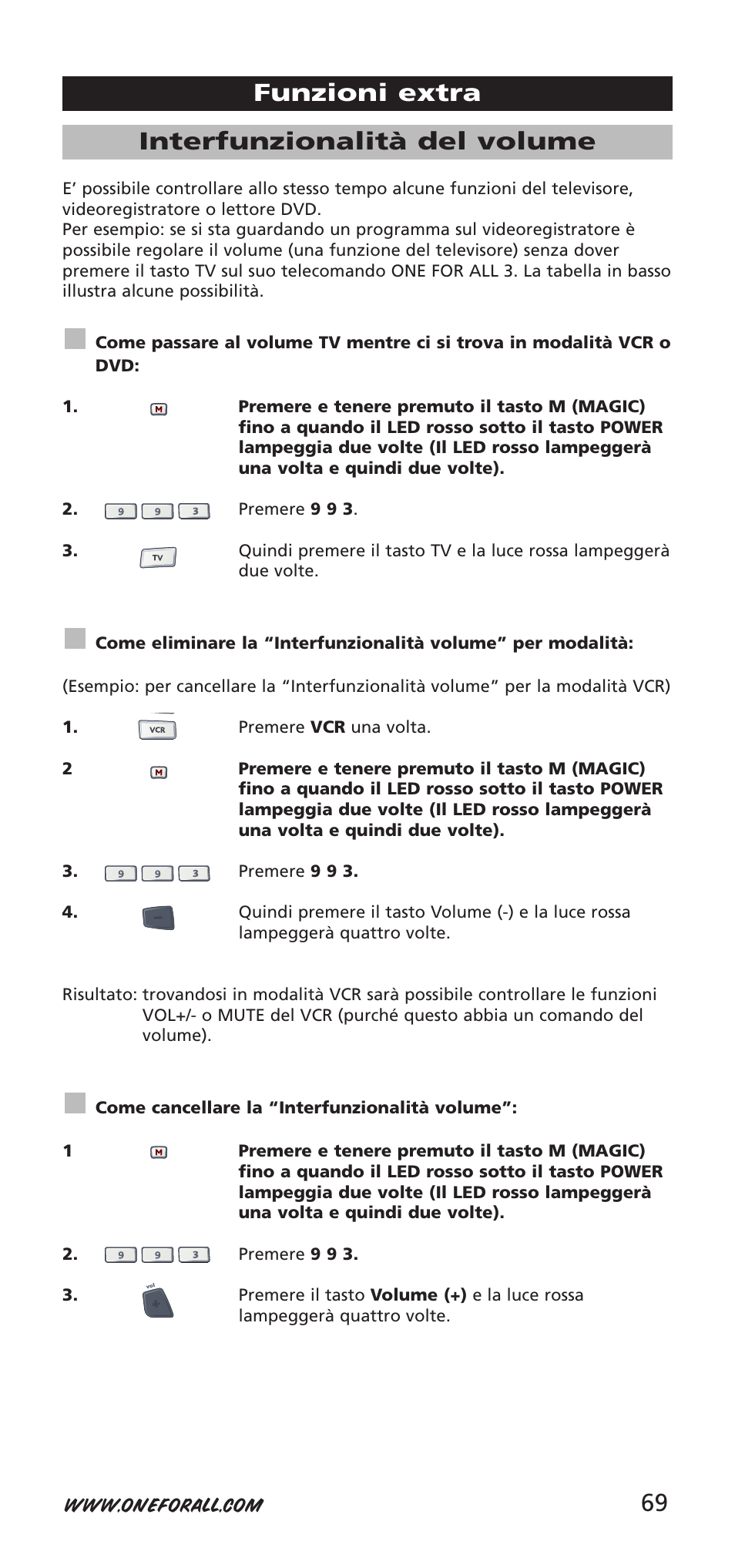 Interfunzionalità del volume, Funzioni extra | One for All URC-9040 User Manual | Page 69 / 144