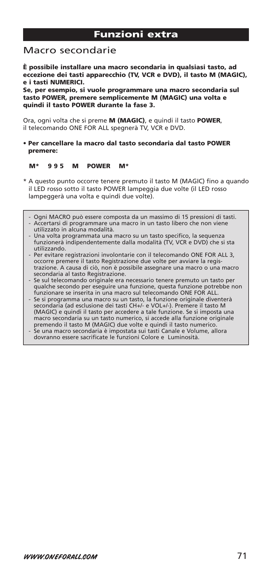 Macro secondarie, Funzioni extra | One for All URC-9040 User Manual | Page 71 / 144