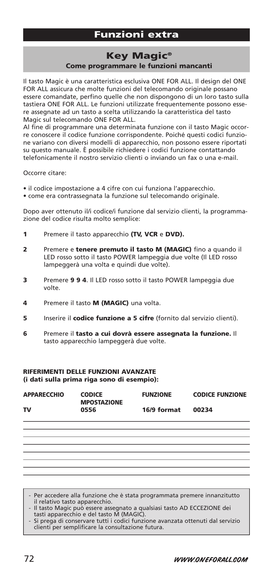 Key magic, Funzioni extra 72 | One for All URC-9040 User Manual | Page 72 / 144