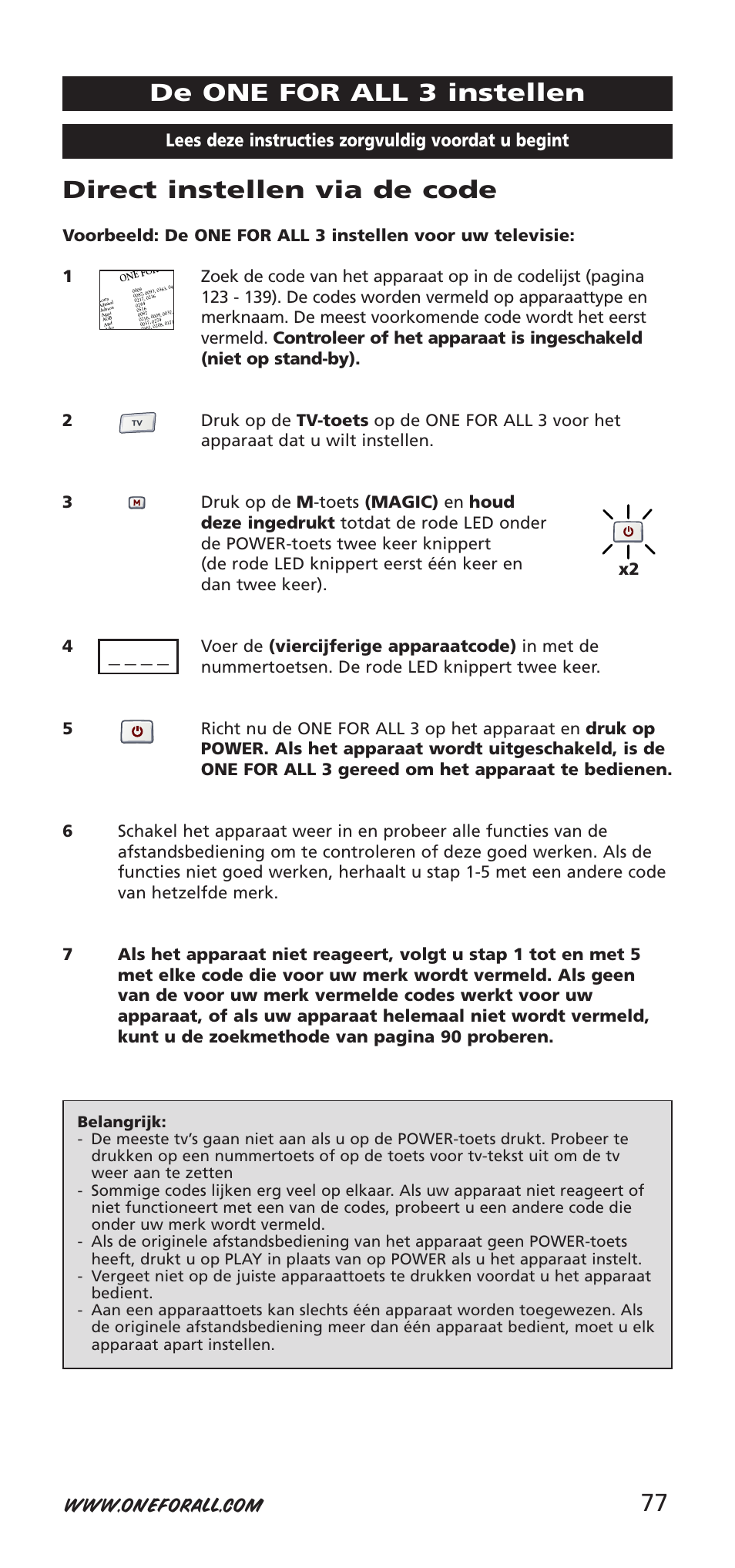 Direct instellen via de code, De one for all 3 instellen, Lees deze instructies zorgvuldig voordat u begint | One for All URC-9040 User Manual | Page 77 / 144