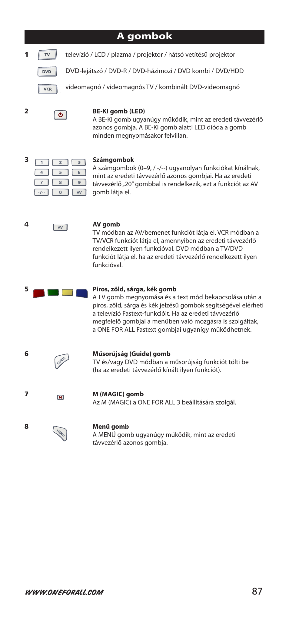 87 a gombok | One for All URC-9040 User Manual | Page 87 / 144