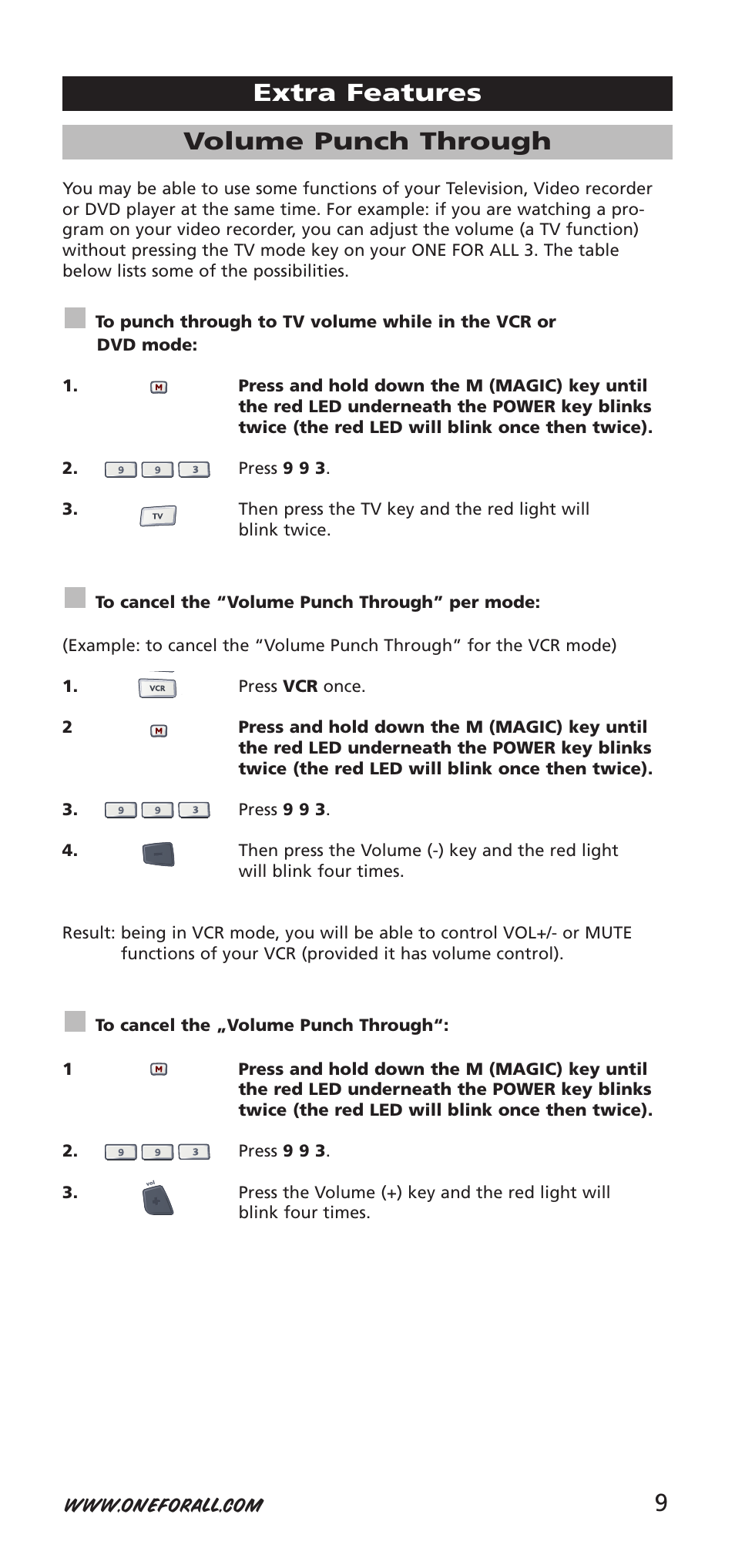 Volume punch through, Extra features | One for All URC-9040 User Manual | Page 9 / 144