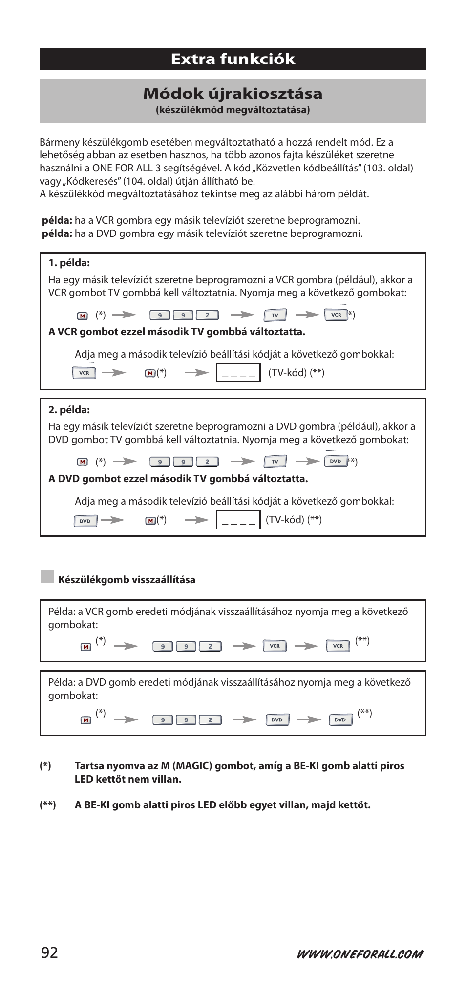 Extra funkciók módok újrakiosztása | One for All URC-9040 User Manual | Page 92 / 144