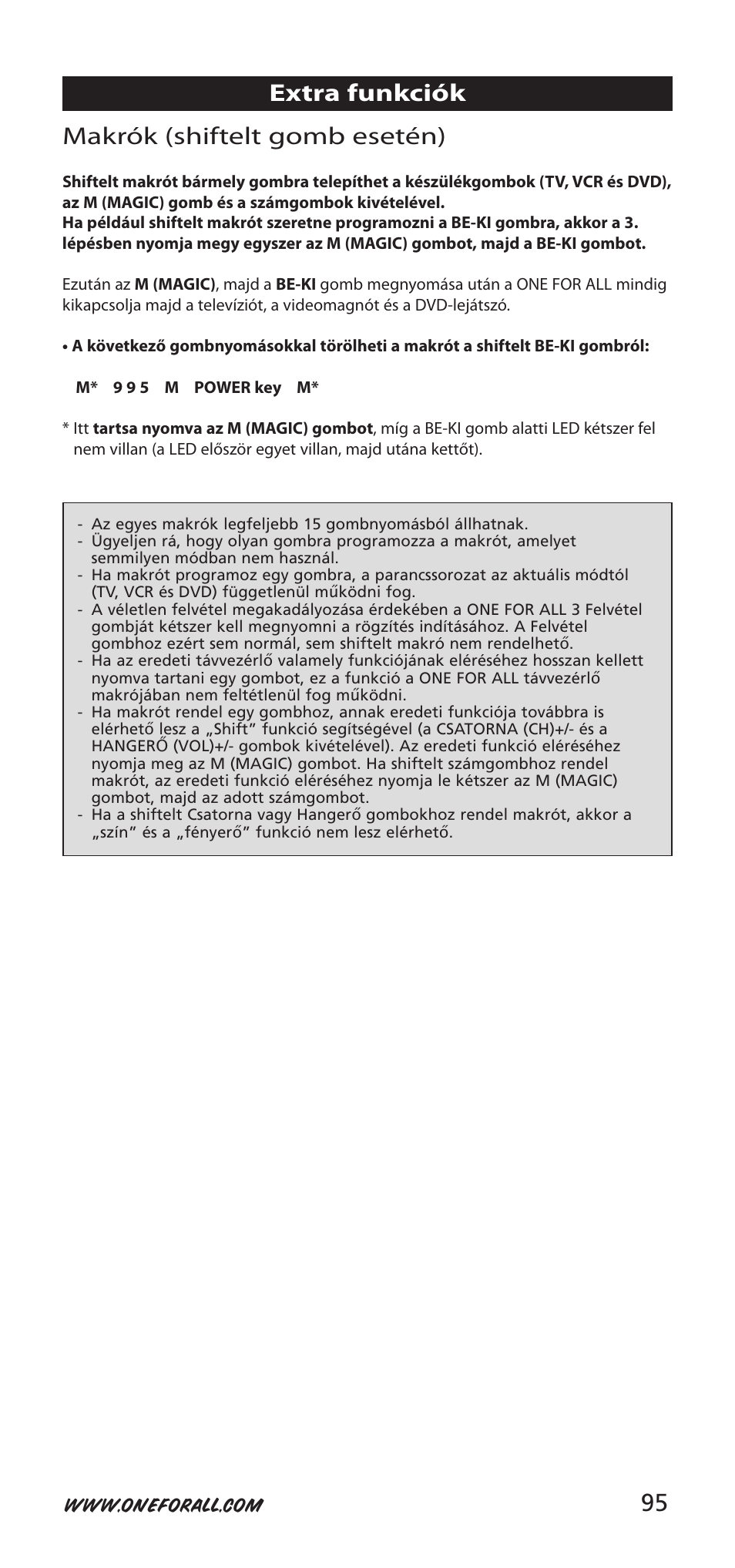 Makrók (shiftelt gomb esetén), Extra funkciók | One for All URC-9040 User Manual | Page 95 / 144