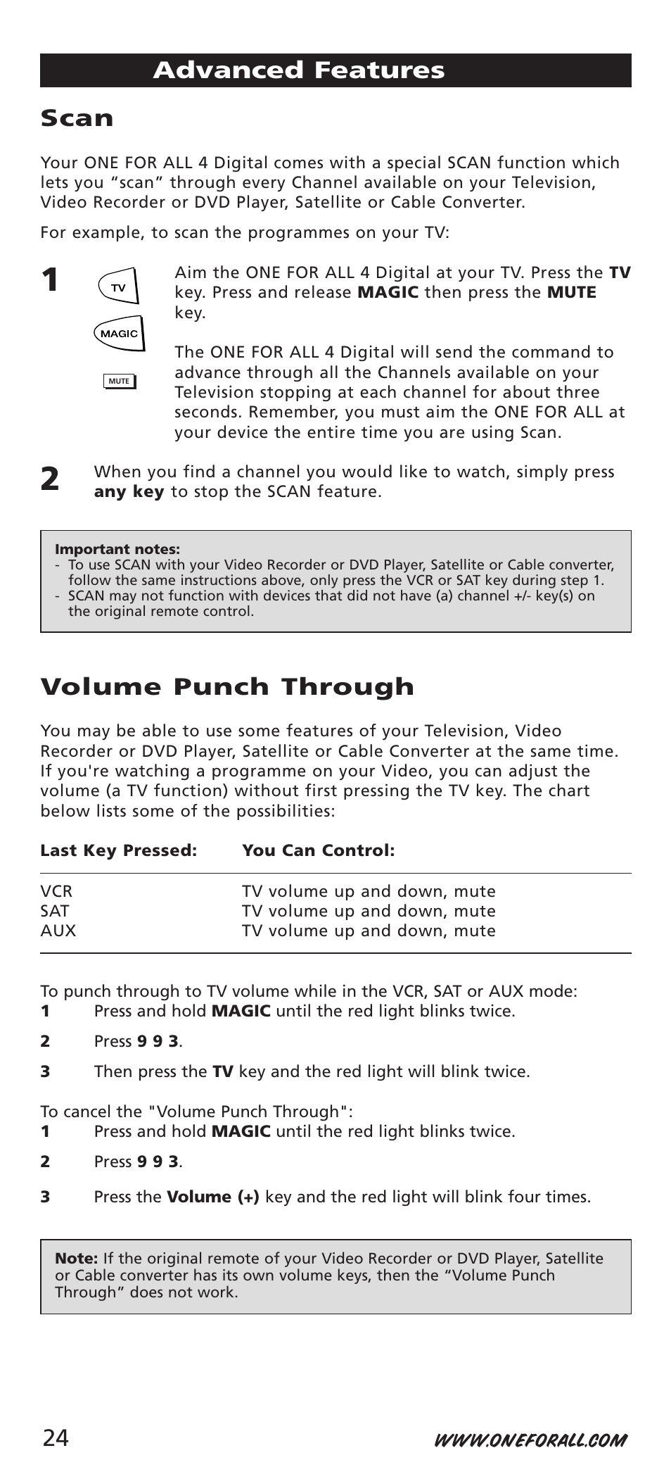 Scan, Volume punch through, Advanced features | One for All URC-7541 User Manual | Page 26 / 34