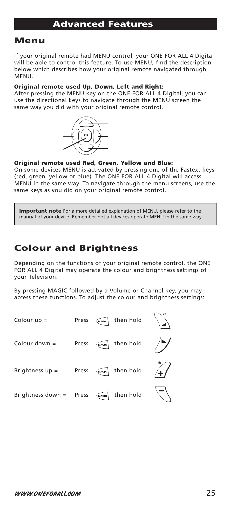 Menu, Colour and brightness, Advanced features | One for All URC-7541 User Manual | Page 27 / 34