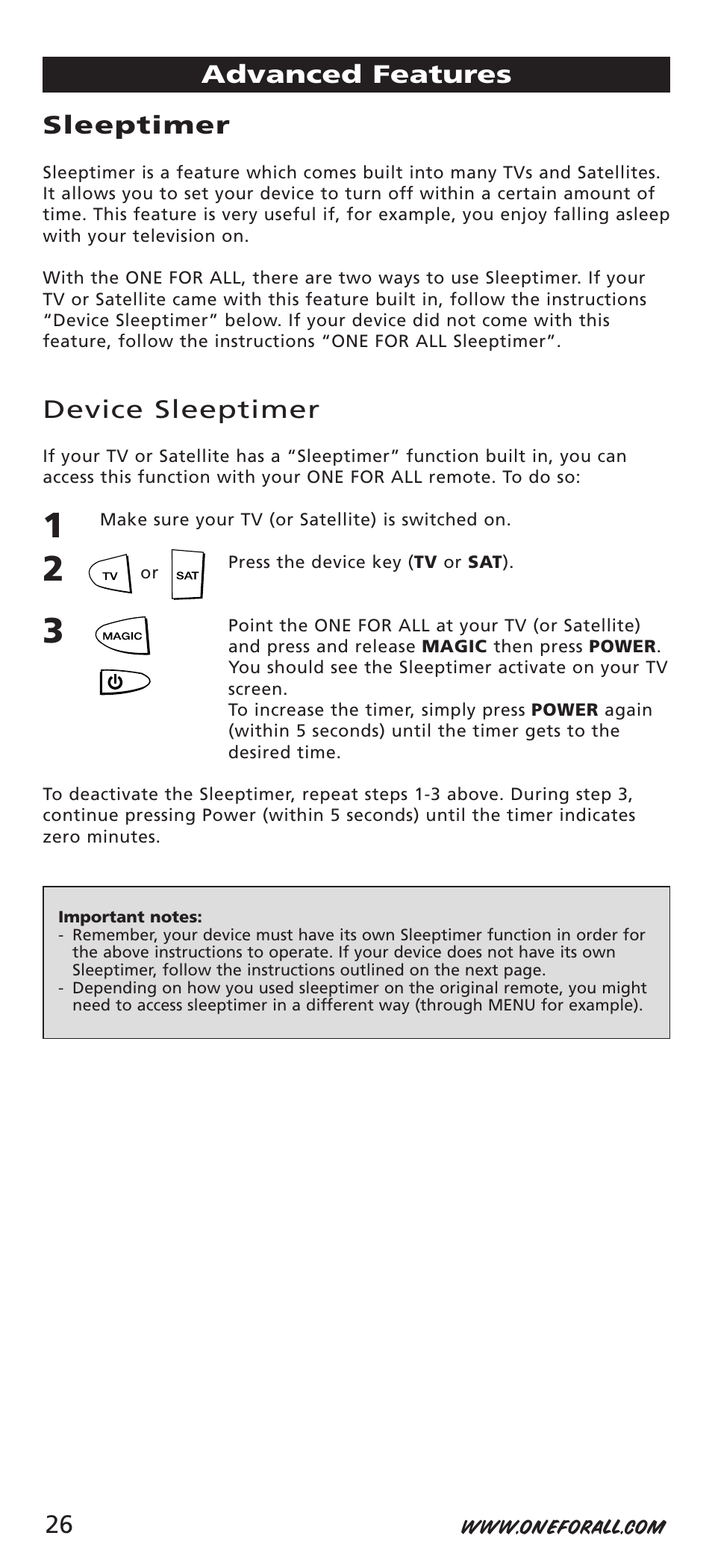 Sleeptimer, Device sleeptimer, Advanced features | One for All URC-7541 User Manual | Page 28 / 34