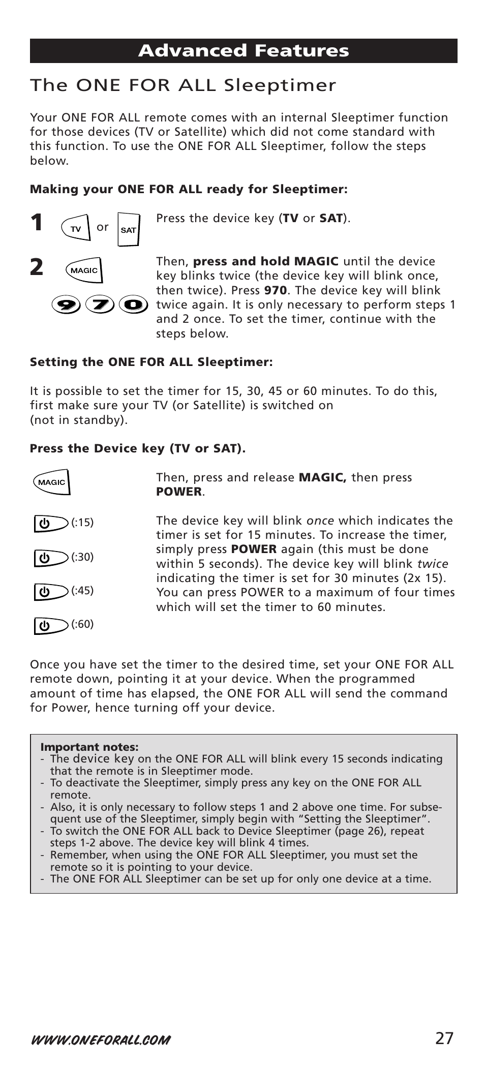 27 the one for all sleeptimer, Advanced features | One for All URC-7541 User Manual | Page 29 / 34