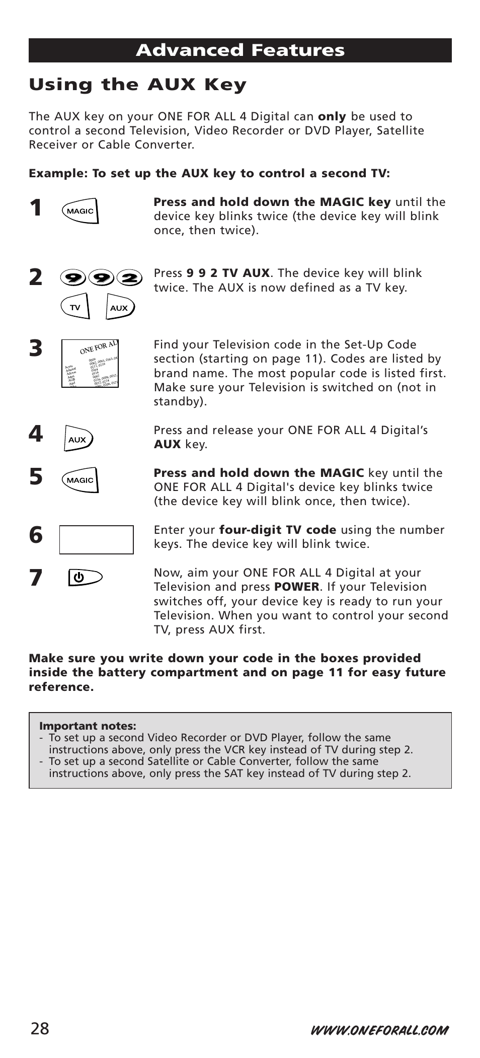 Using the aux key, Advanced features | One for All URC-7541 User Manual | Page 30 / 34