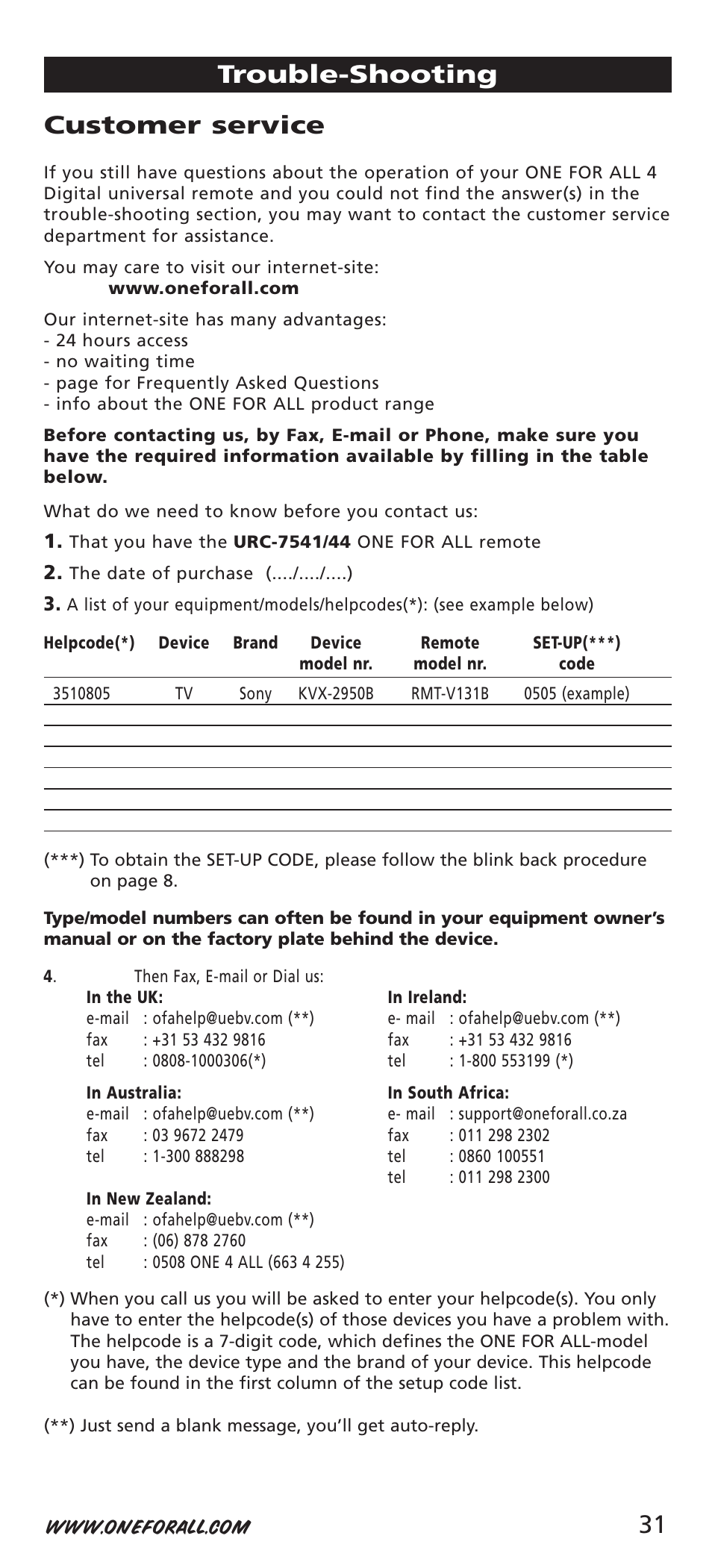 31 customer service, Trouble-shooting | One for All URC-7541 User Manual | Page 33 / 34