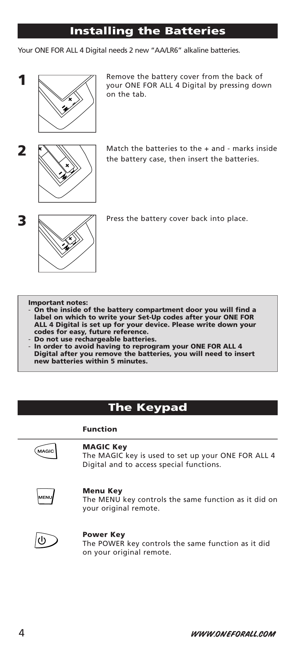 The keypad installing the batteries | One for All URC-7541 User Manual | Page 6 / 34