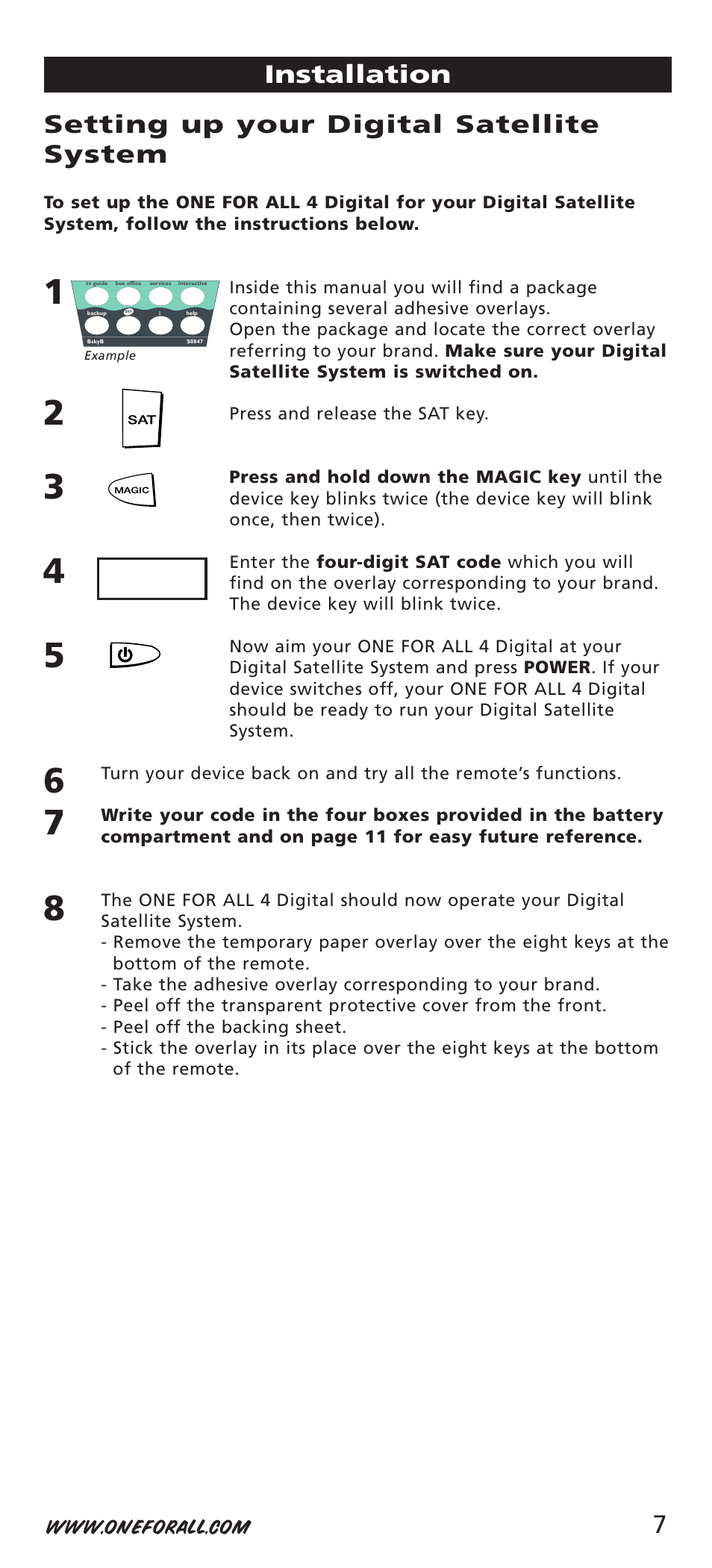 Setting up your digital satellite system, Installation | One for All URC-7541 User Manual | Page 9 / 34