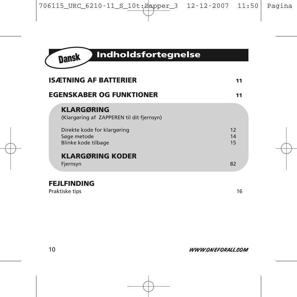 Dansk, Indholdsfortegnelse | One for All URC-6210 User Manual | Page 10 / 112