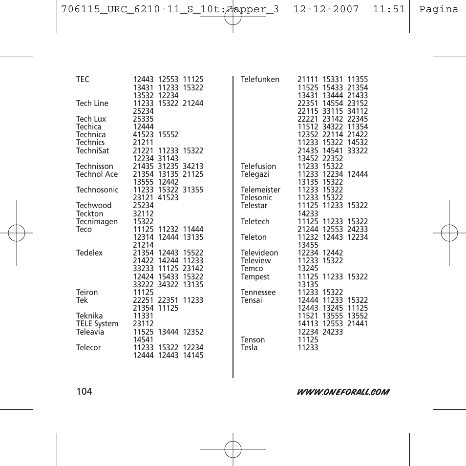 One for All URC-6210 User Manual | Page 104 / 112