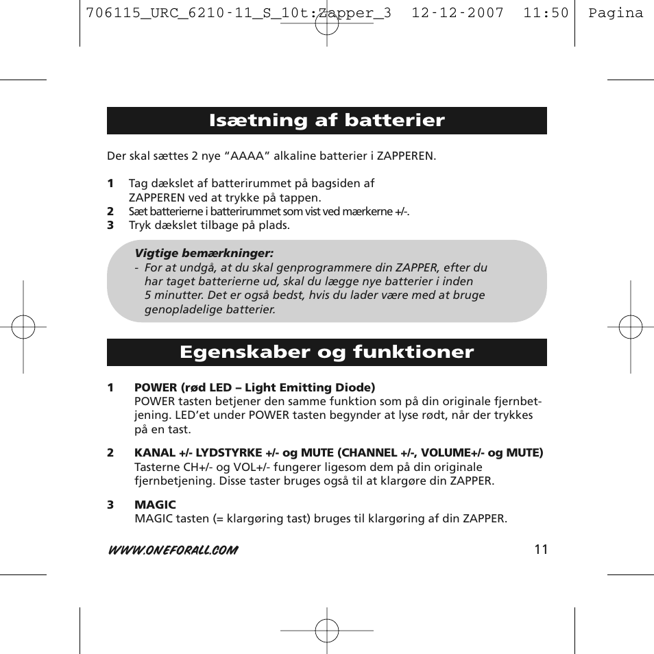 Isætning af batterier, Egenskaber og funktioner | One for All URC-6210 User Manual | Page 11 / 112