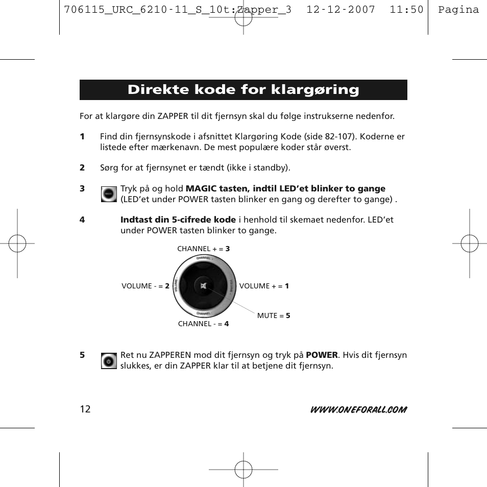 Direkte kode for klargøring | One for All URC-6210 User Manual | Page 12 / 112