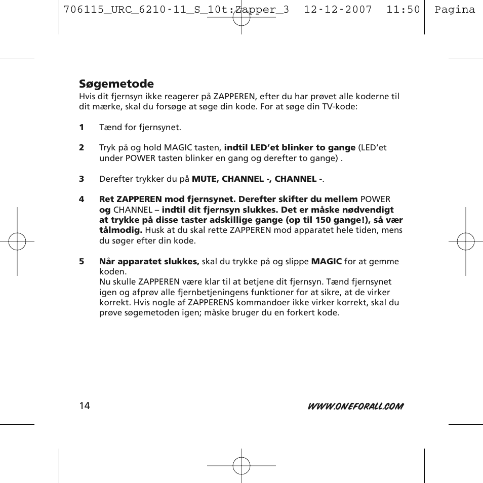 Søgemetode | One for All URC-6210 User Manual | Page 14 / 112