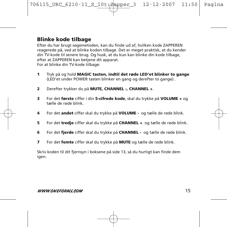 Blinke kode tilbage | One for All URC-6210 User Manual | Page 15 / 112