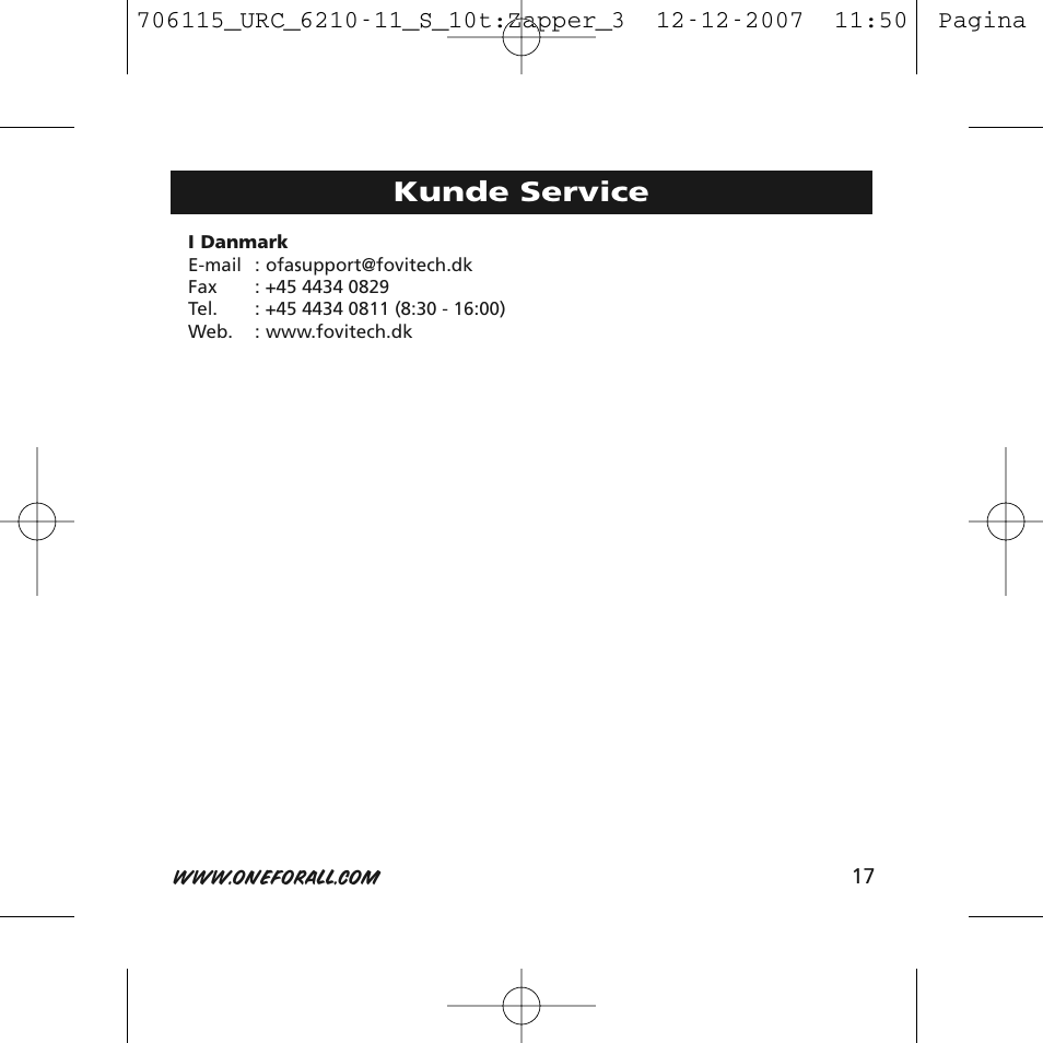 Kunde service | One for All URC-6210 User Manual | Page 17 / 112