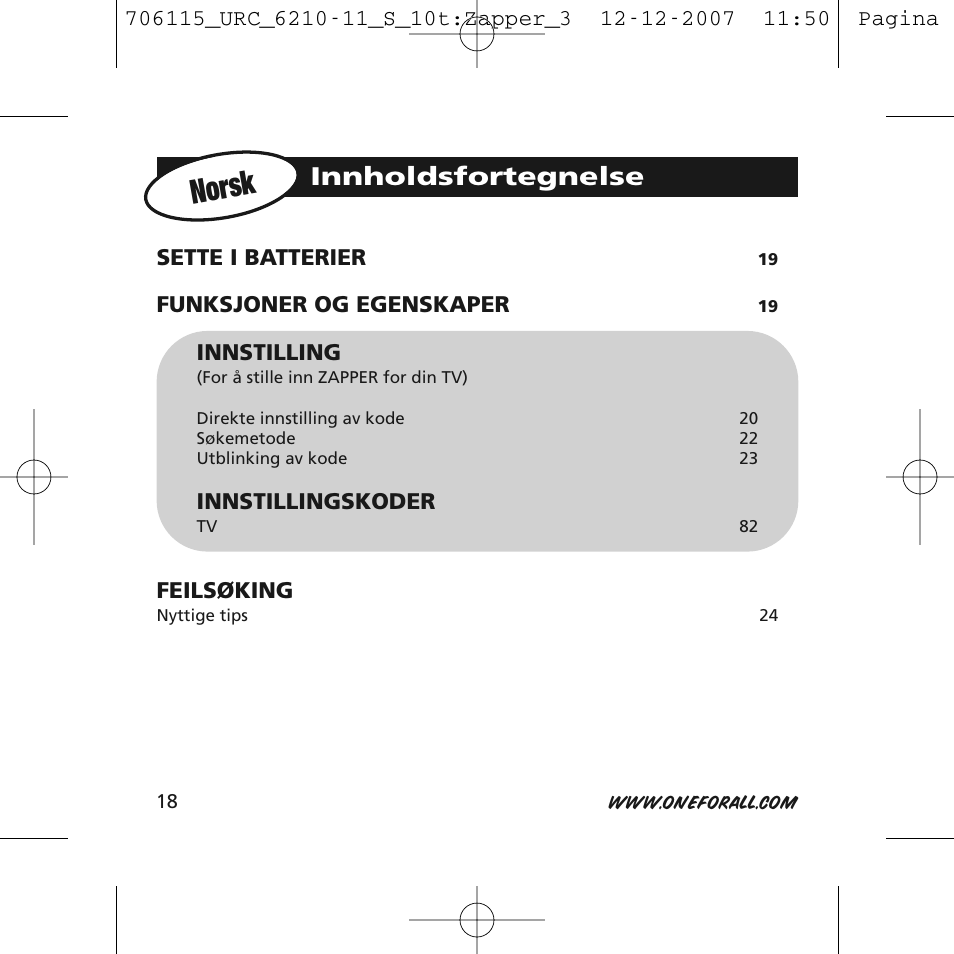 Norsk, Innholdsfortegnelse | One for All URC-6210 User Manual | Page 18 / 112