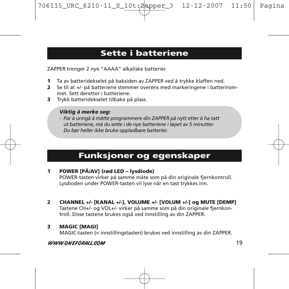 Sette i batteriene, Funksjoner og egenskaper | One for All URC-6210 User Manual | Page 19 / 112