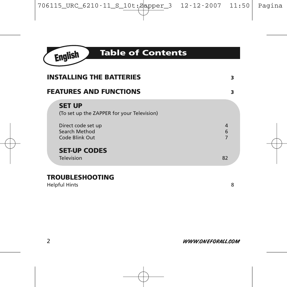One for All URC-6210 User Manual | Page 2 / 112