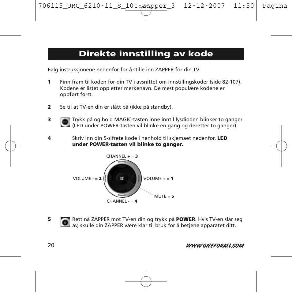 Direkte innstilling av kode | One for All URC-6210 User Manual | Page 20 / 112