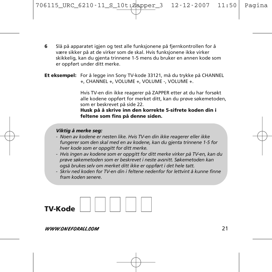 One for All URC-6210 User Manual | Page 21 / 112