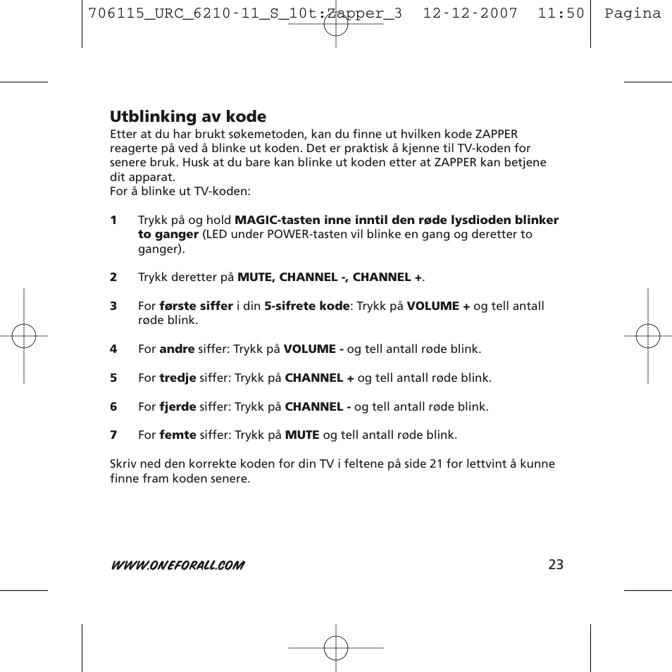 Utblinking av kode | One for All URC-6210 User Manual | Page 23 / 112