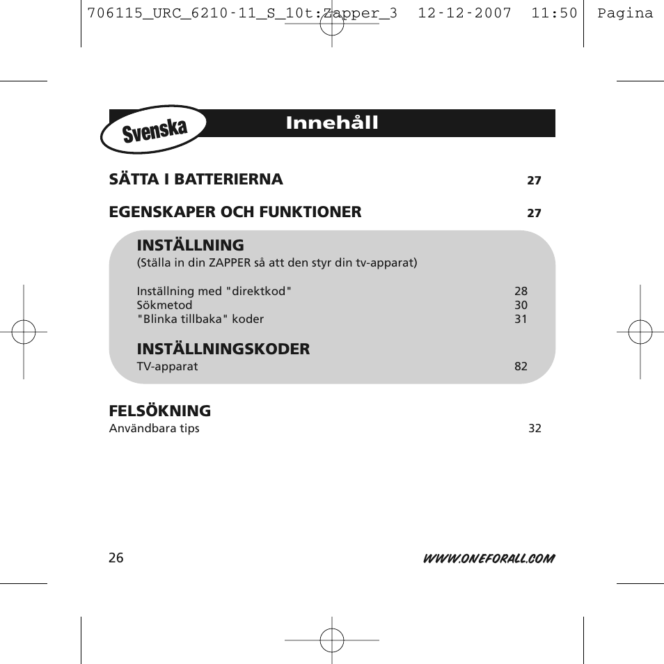 Svenska, Innehåll | One for All URC-6210 User Manual | Page 26 / 112